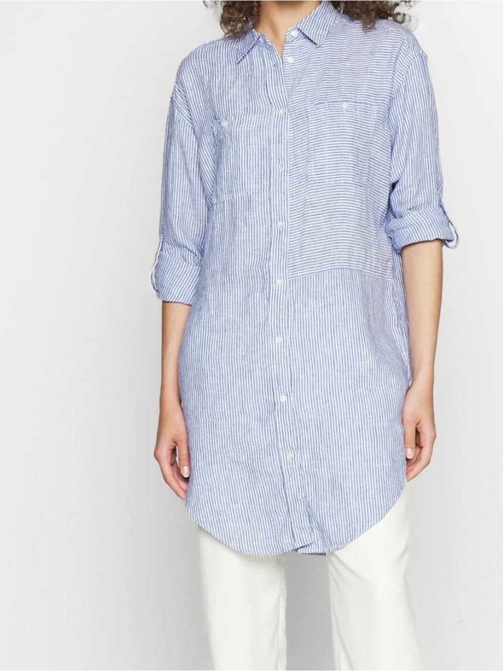 Lauren Ralph Lauren 100% Linen Blue & White Striped Longline Button-Down Shirt M